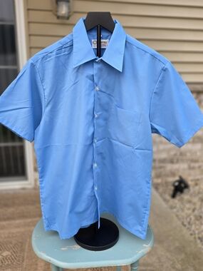 Vintage 70s Permanent Press Blue Disco Collar Button Up Shirt Mens M